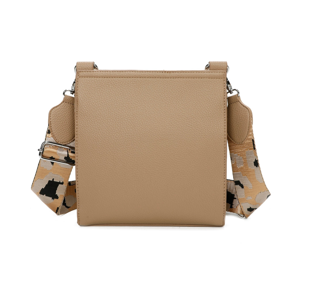 A beige satchel crossbody bag featuring a camouflage pattern on the strap.