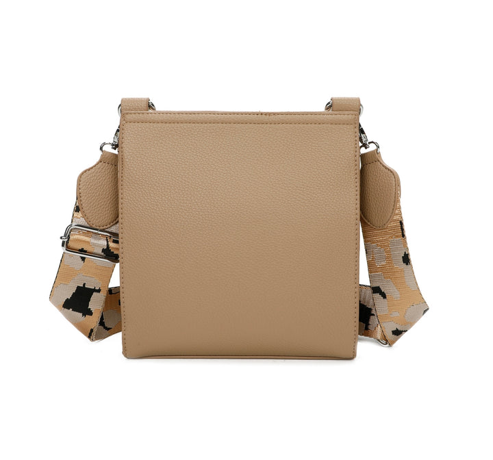 A beige satchel crossbody bag featuring a camouflage pattern on the strap.