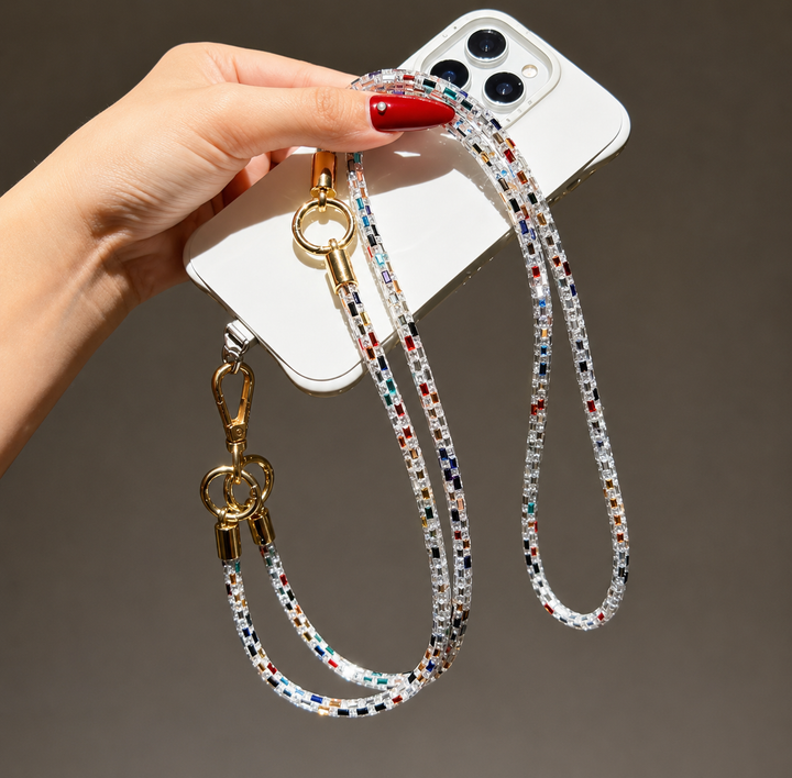 Multicoloured crystal phone lanyard strap with gold-tone clips and phone case attachment
