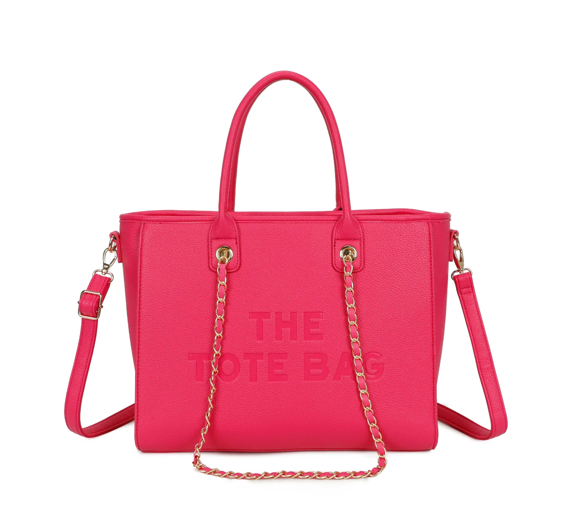 Hot pink tote bag with chain strap detail 