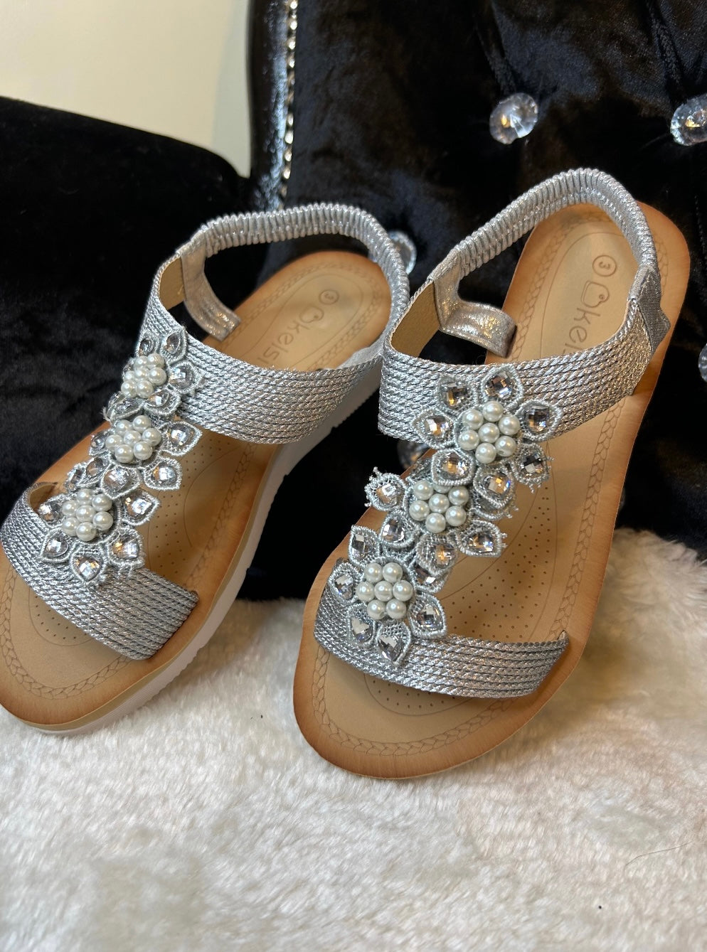 Girls Silver Flower Sandals | Sparkly Crystal Summer Shoes | Party &amp; Occasion Sandals