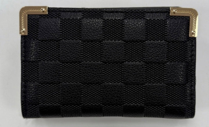 A black quilted checked purse with gold-coloured edges and a zipper closure.