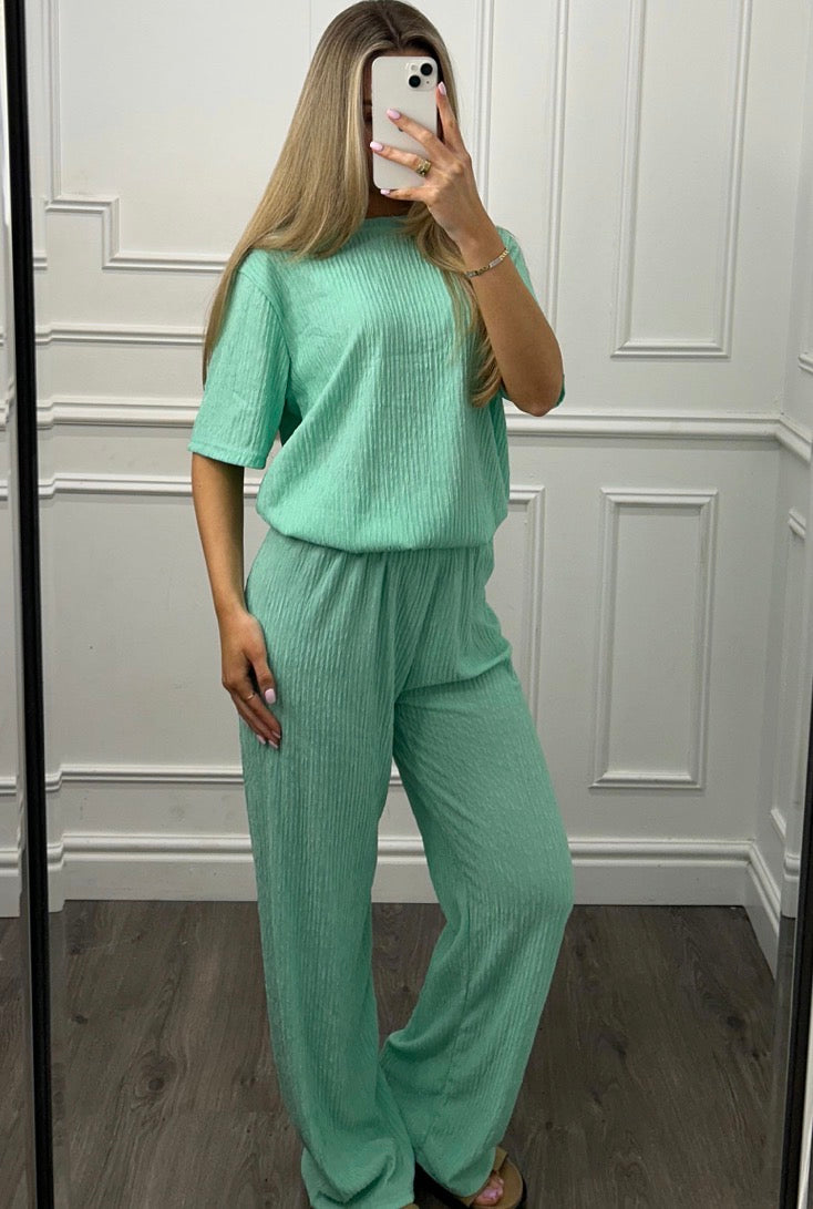 Ribbed Sleeve Top &amp; Wide Leg Trouser Co-Ord Set