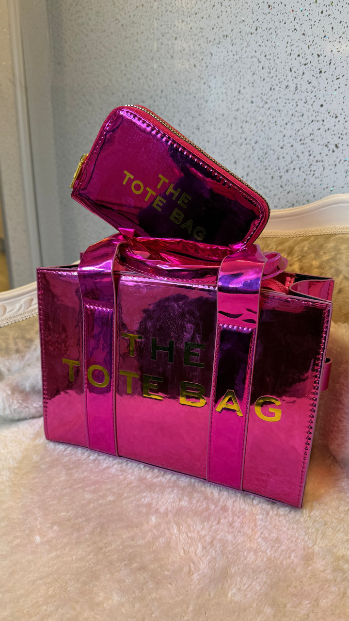 Metallic patent small tote bag and purse set