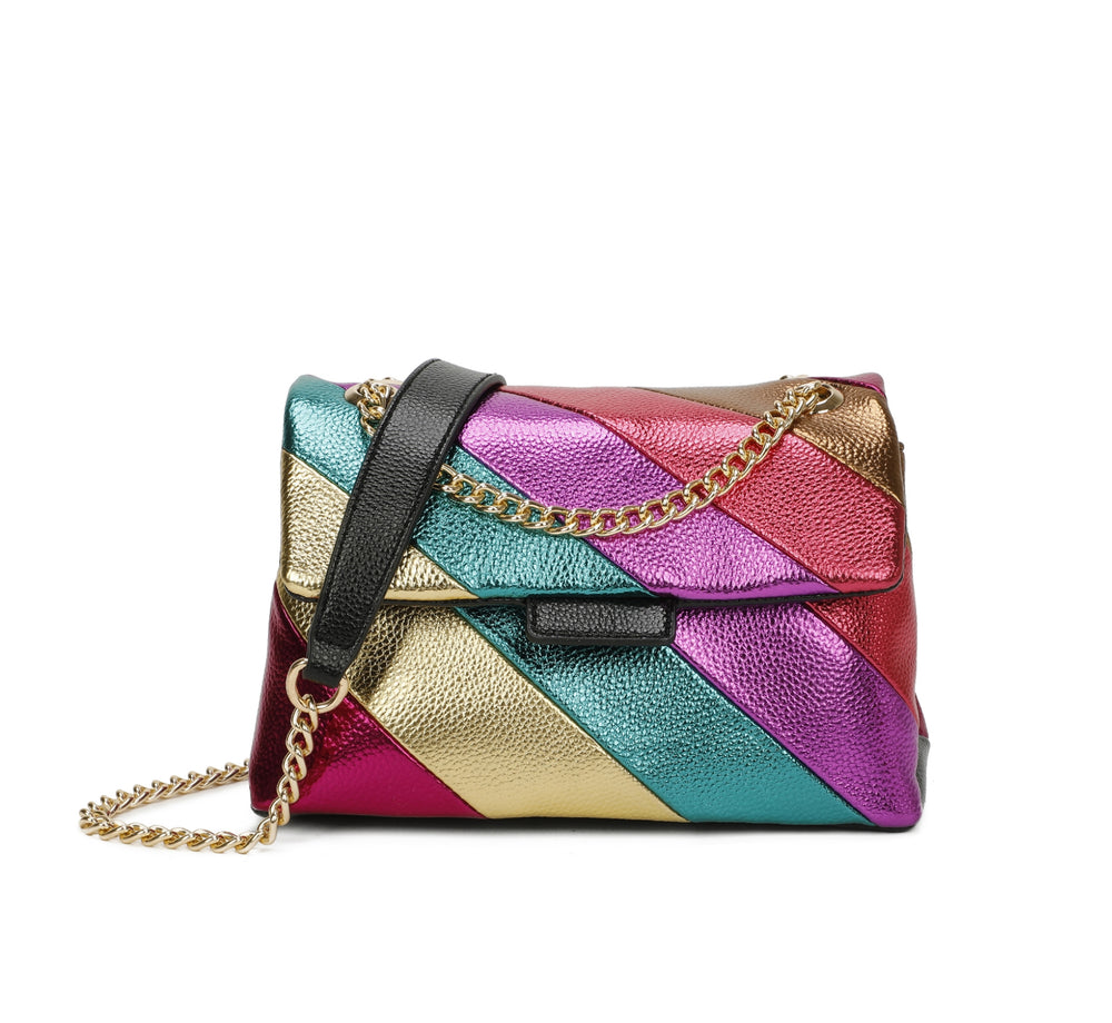 Multicolored quilted handbag with a chain detail on a white background