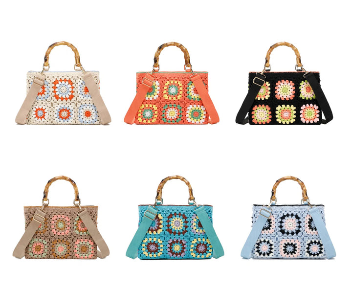 A collection of six multicolored crochet grab bags with bamboo handles and gold tone metal hardware.