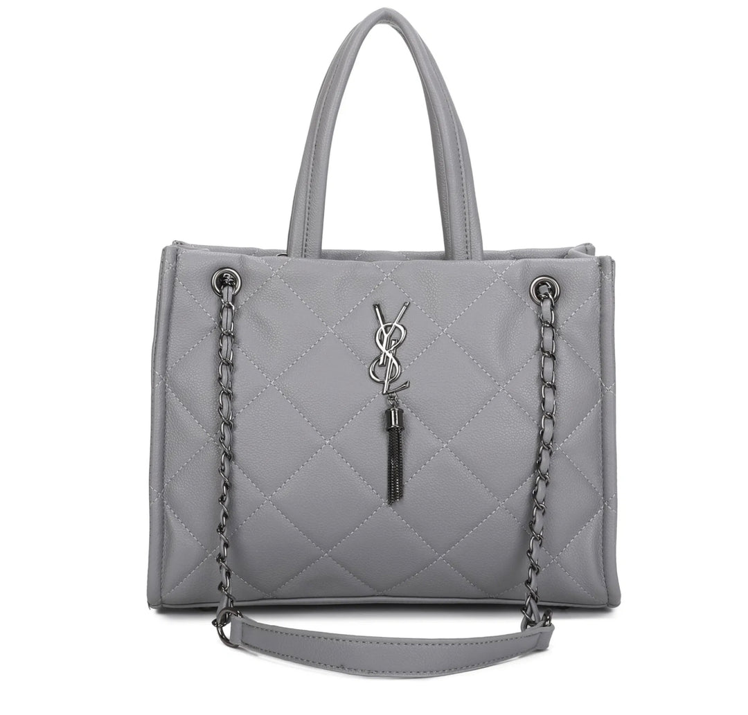 Grey quilted handbag with a chain detail