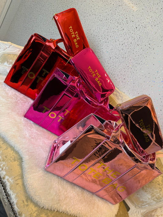 Metallic patent large tote bag and purse set