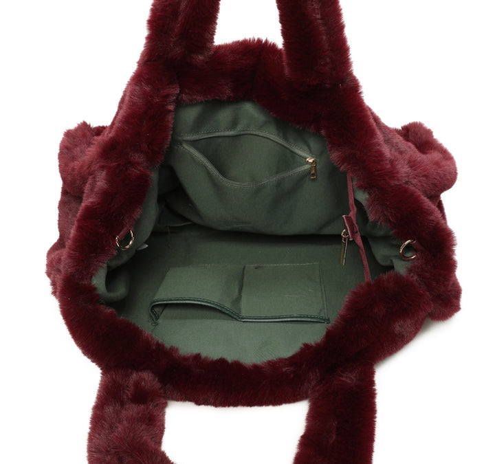 Wine faux fur tote bag with top handles and matching shoulder strap 