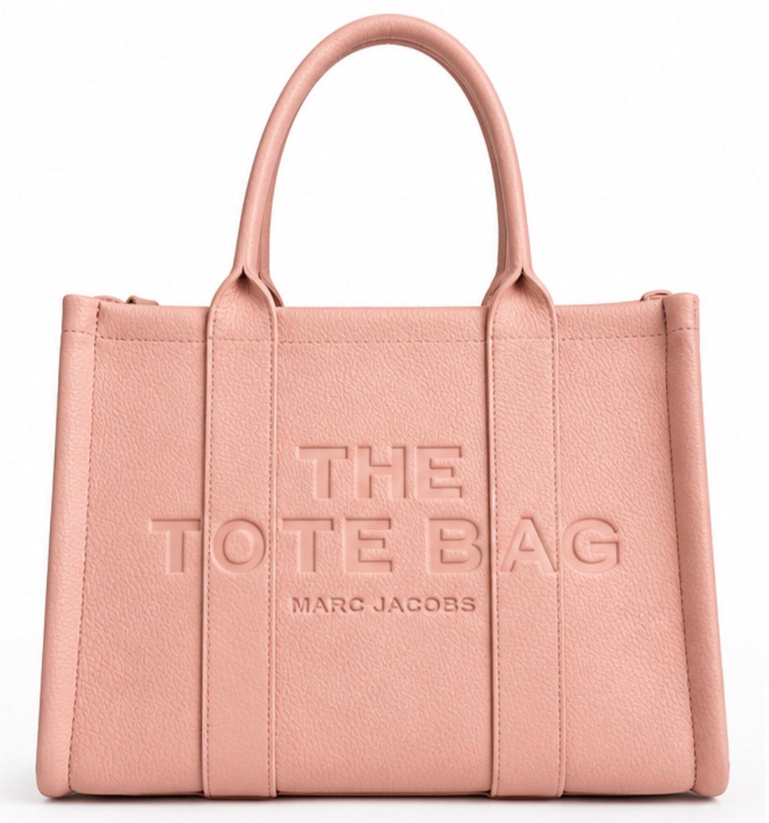 Pink pebbled structured tote bag with double top handles, detachable shoulder strap and embossed front detail