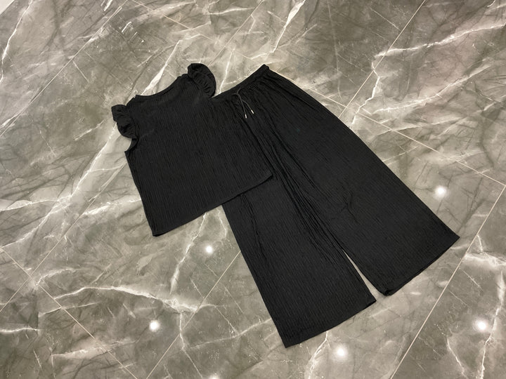 Ribbed Frill Sleeve Top &amp; Wide Leg Trouser Co-Ord Set