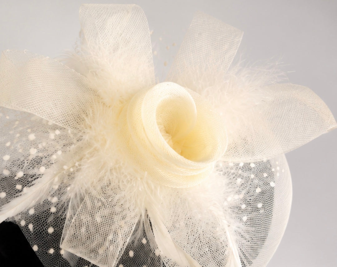 Ivory Mesh Fascinator Hat with Feather &amp; Pearl Detail
