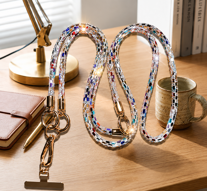 Multicoloured crystal phone lanyard strap with gold-tone clips and phone case attachment