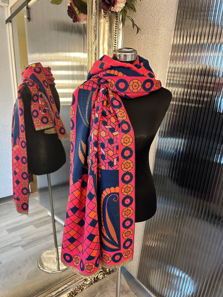 Hot pink geometric scarf with navy and orange accent 