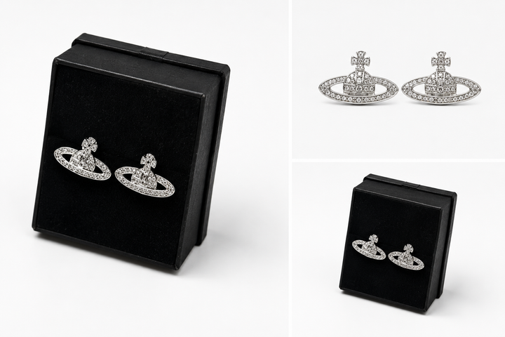 Silver crystal orb stud earrings with sparkling rhinestone detailing 
