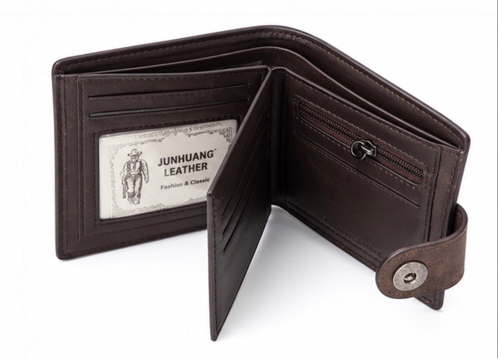 Brown men’s leather-look bifold wallet with popper fastening, multiple card slots, zipped coin pocket and ID window