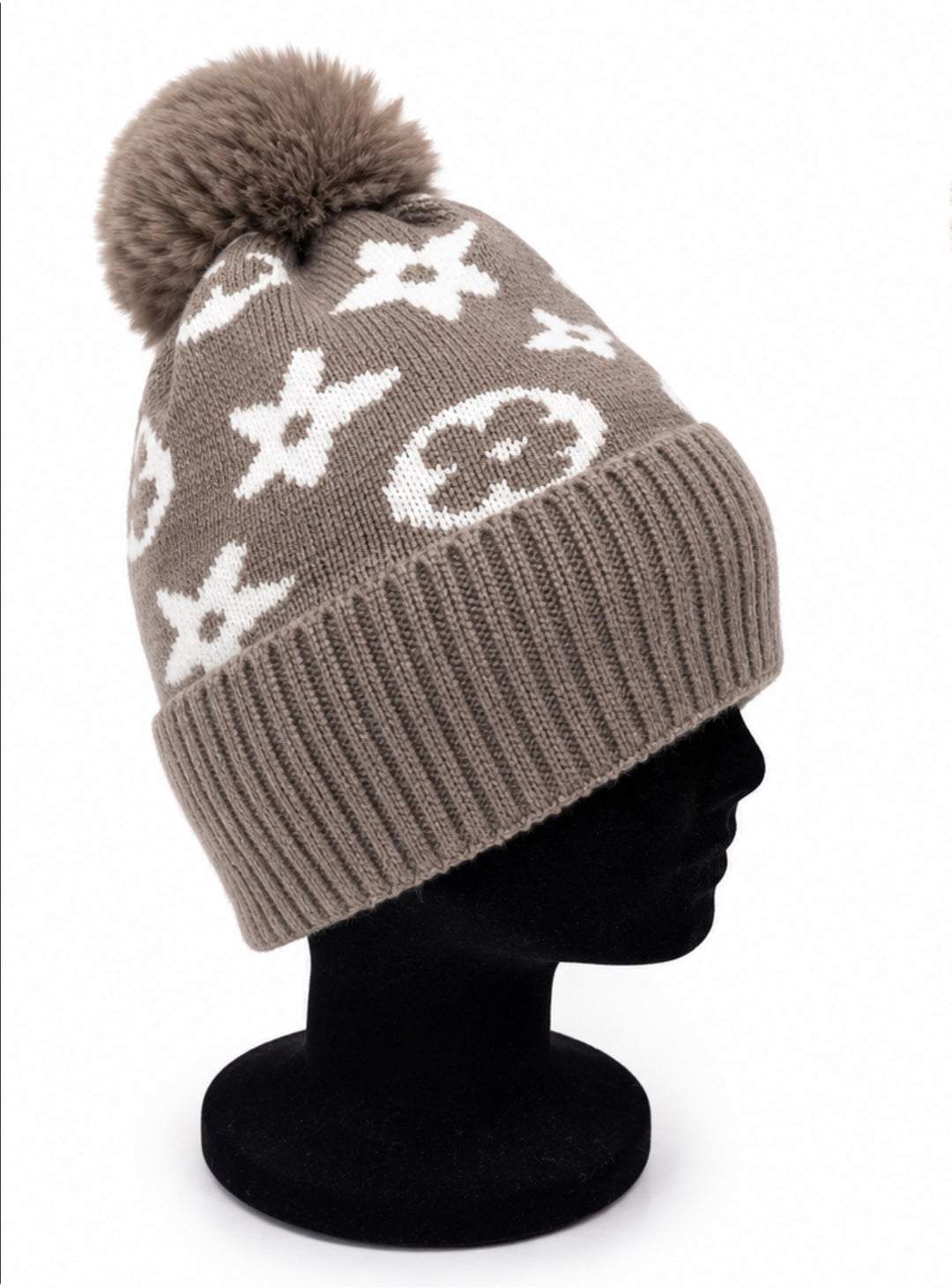 Luxury knitted pom pom winter hat with contrasting monogram-inspired print and ribbed cuff in grey and camel