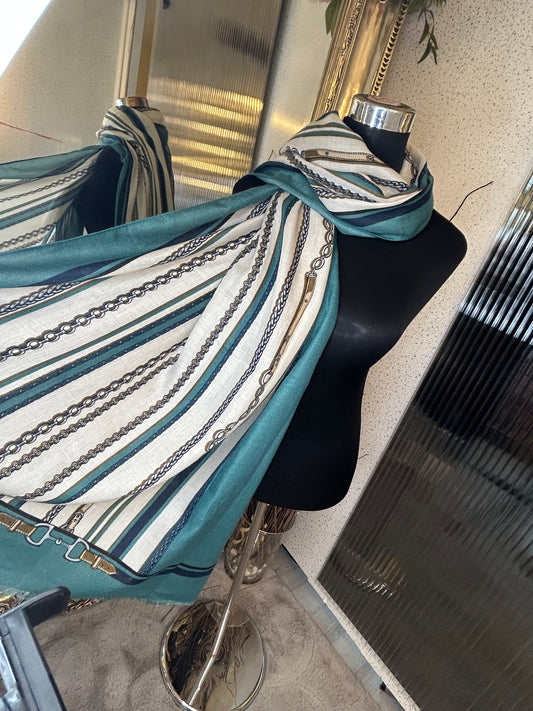 Teal and cream striped scarf with chain and belt print scarf 