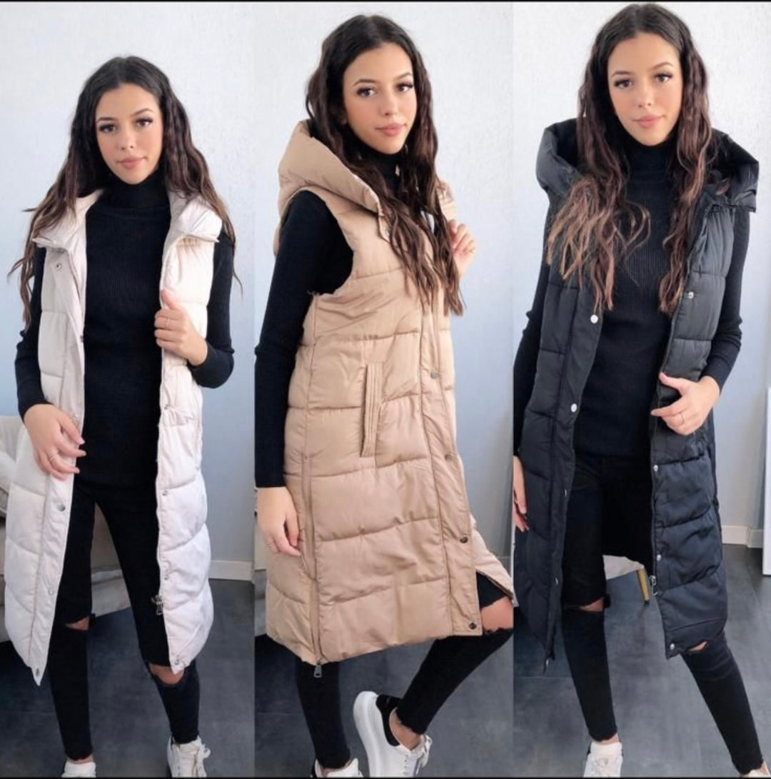 Choice of Black, cream &amp; white long line Gilet body warmer with hood