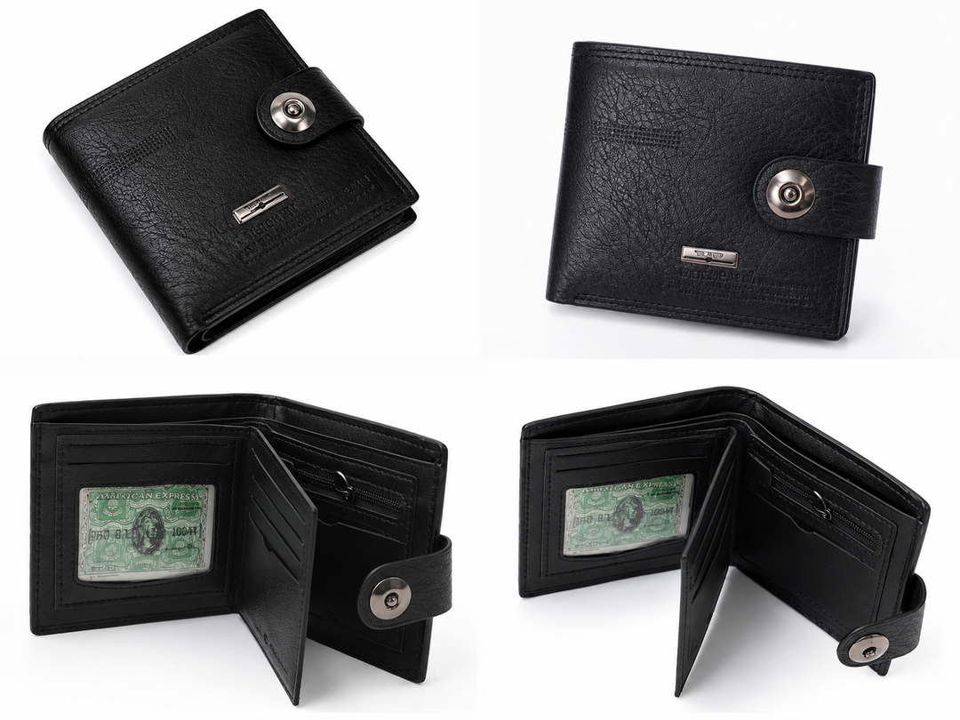Black men’s leather-look bifold wallet with popper fastening, multiple card slots, zipped coin pocket and ID window