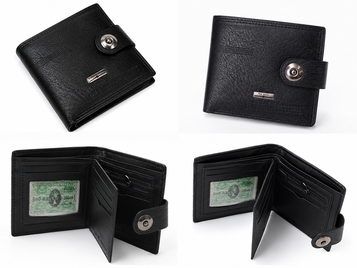 Black men’s leather-look bifold wallet with popper fastening, multiple card slots, zipped coin pocket and ID window
