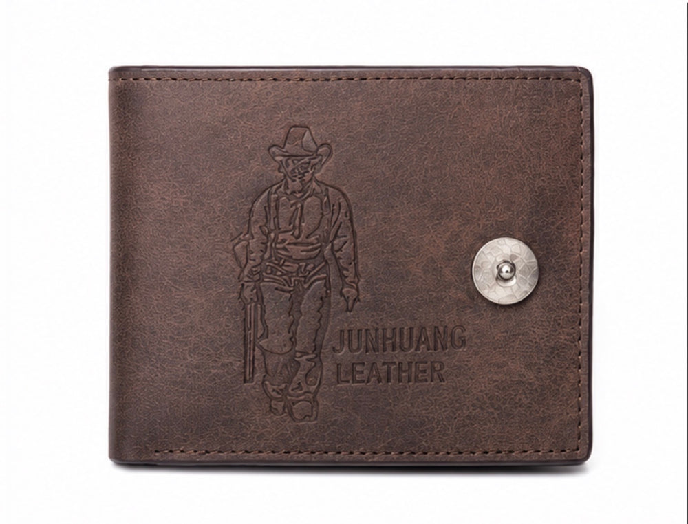 Brown men’s leather-look bifold wallet with popper fastening, multiple card slots, zipped coin pocket and ID window