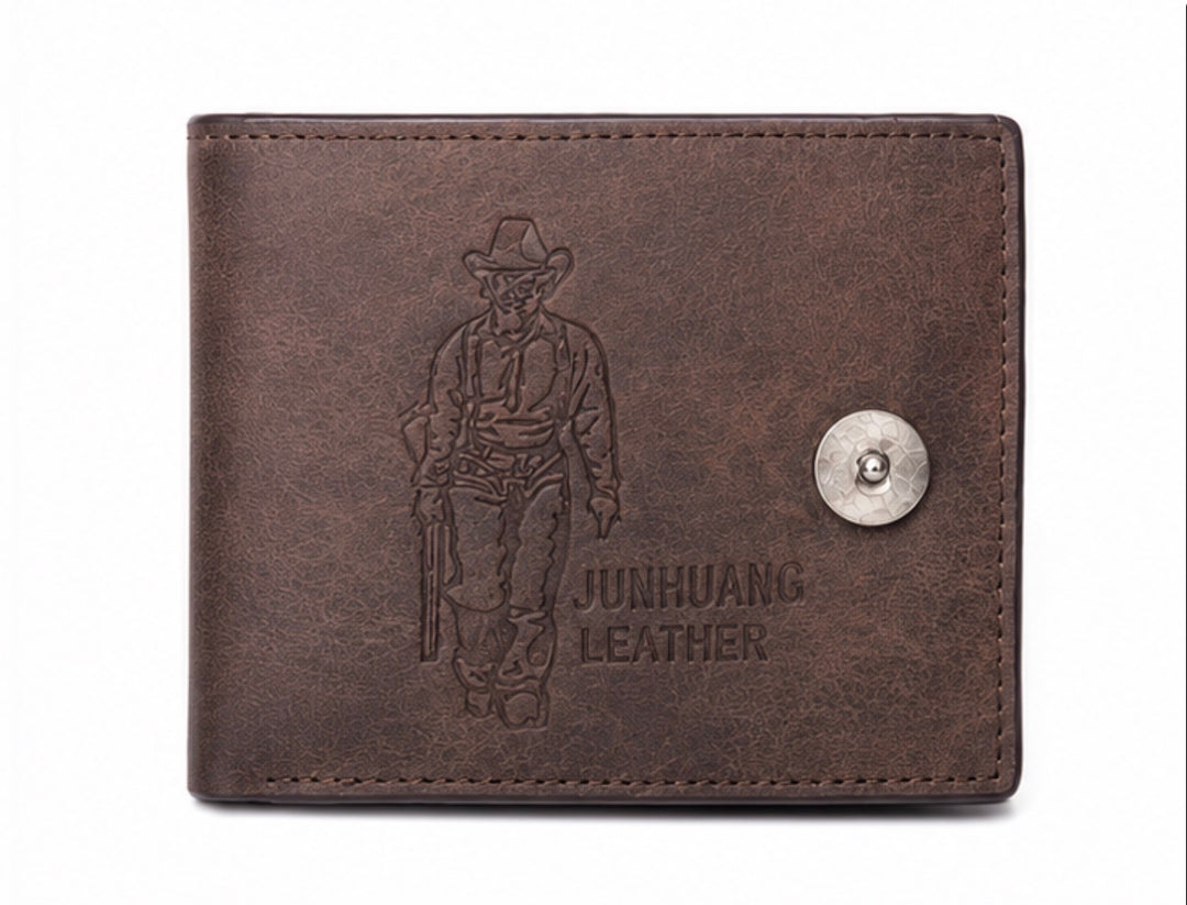 Brown men’s leather-look bifold wallet with popper fastening, multiple card slots, zipped coin pocket and ID window