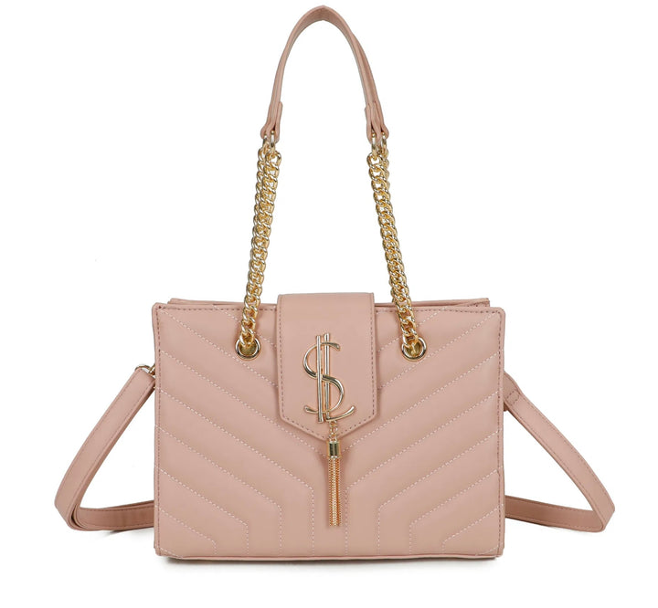 A pink quilted shoulder bag with gold chain detail and a long adjustable removable crossbody strap 