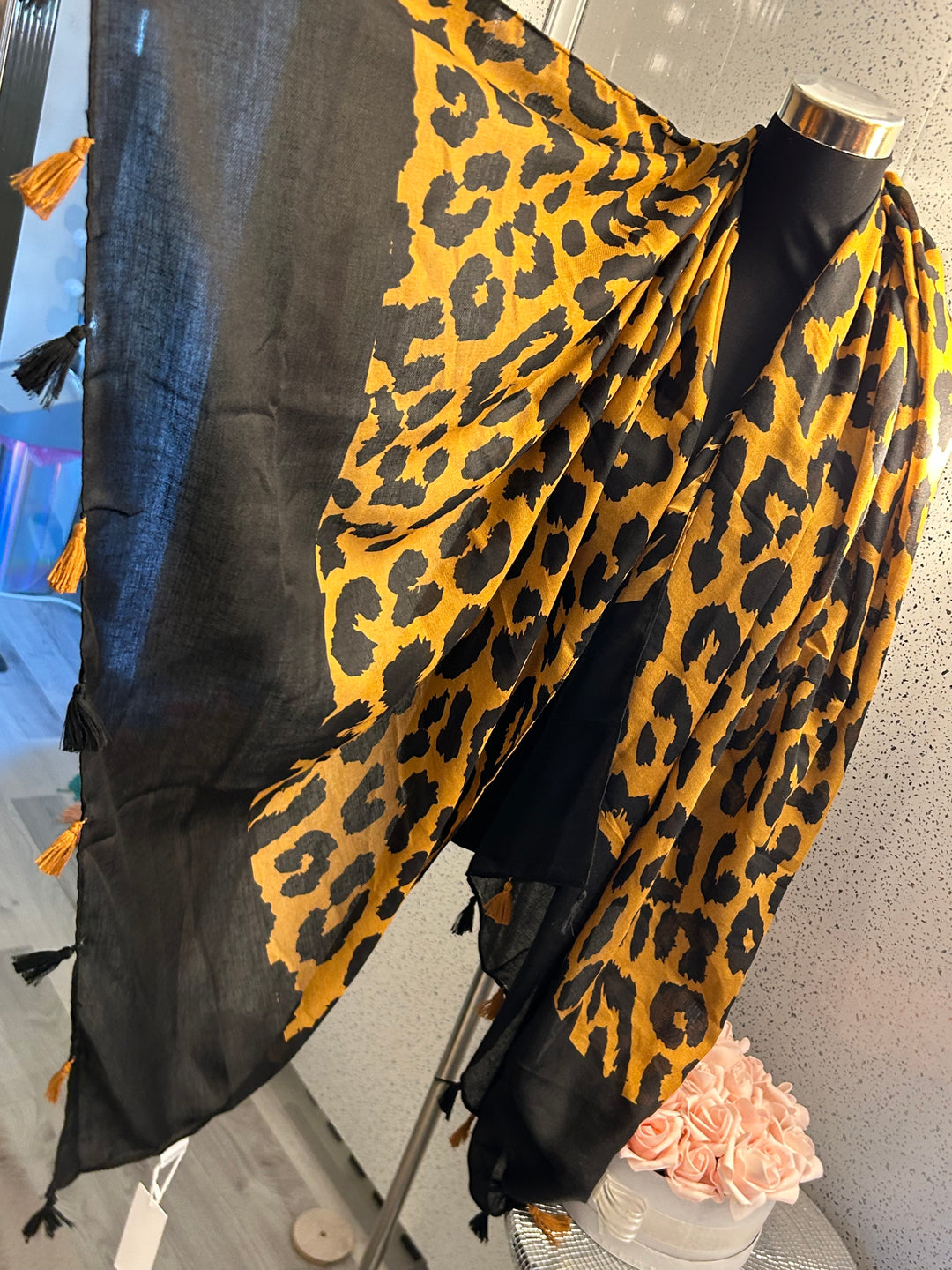 Black and yellow/ mustard leopard print design scarf with tassles