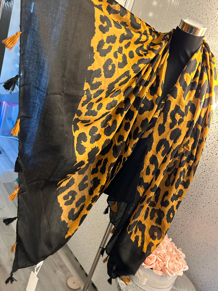 Black and yellow/ mustard leopard print design scarf with tassles