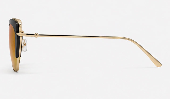 Black and gold cat-eye sunglasses with mirrored orange and green tinted lenses and slim gold arms 