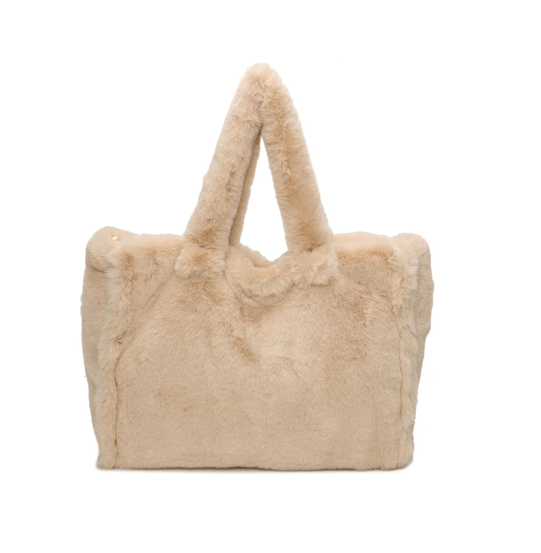 Beige faux fur tote bag with top handles and matching shoulder strap