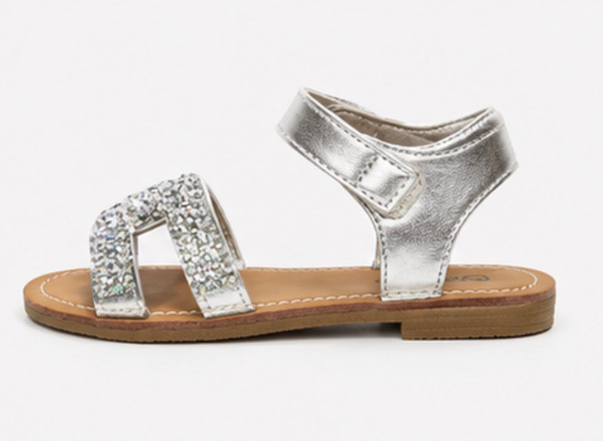 Girls silver glitter buckle sandals with metallic ankle strap and flat sole