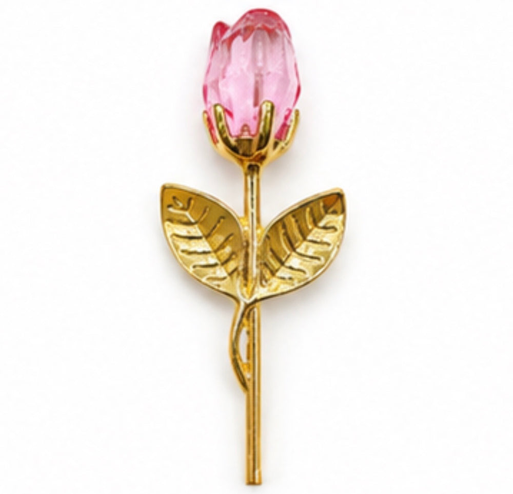 Pink crystal rose keepsake with gold-tone stem and leaves presented in satin-lined gift box