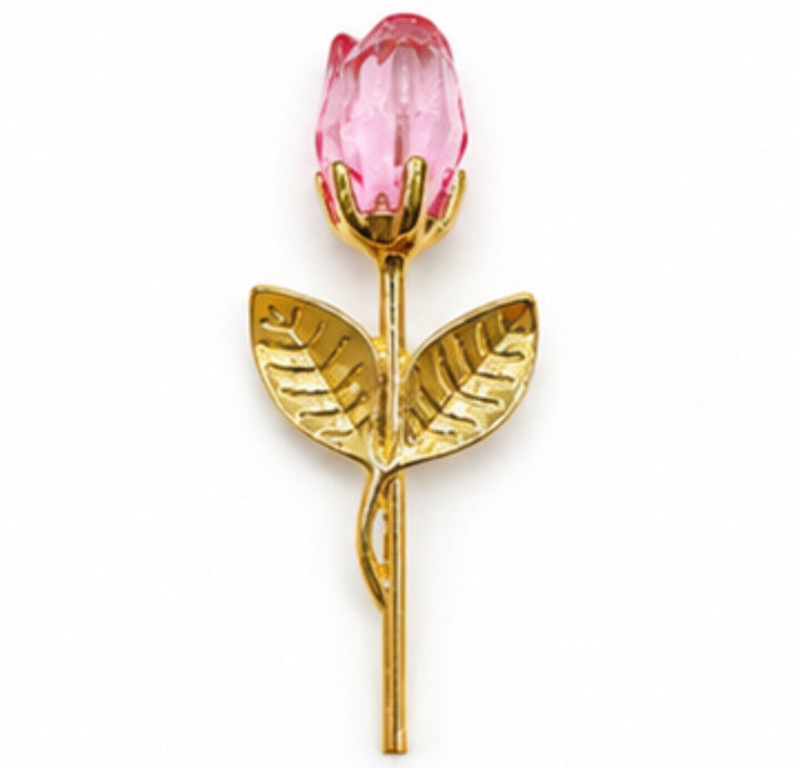 Pink crystal rose keepsake with gold-tone stem and leaves presented in satin-lined gift box