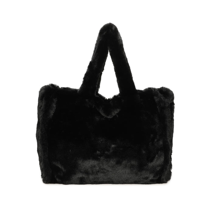 Black faux fur tote bag with top handles and matching shoulder strap