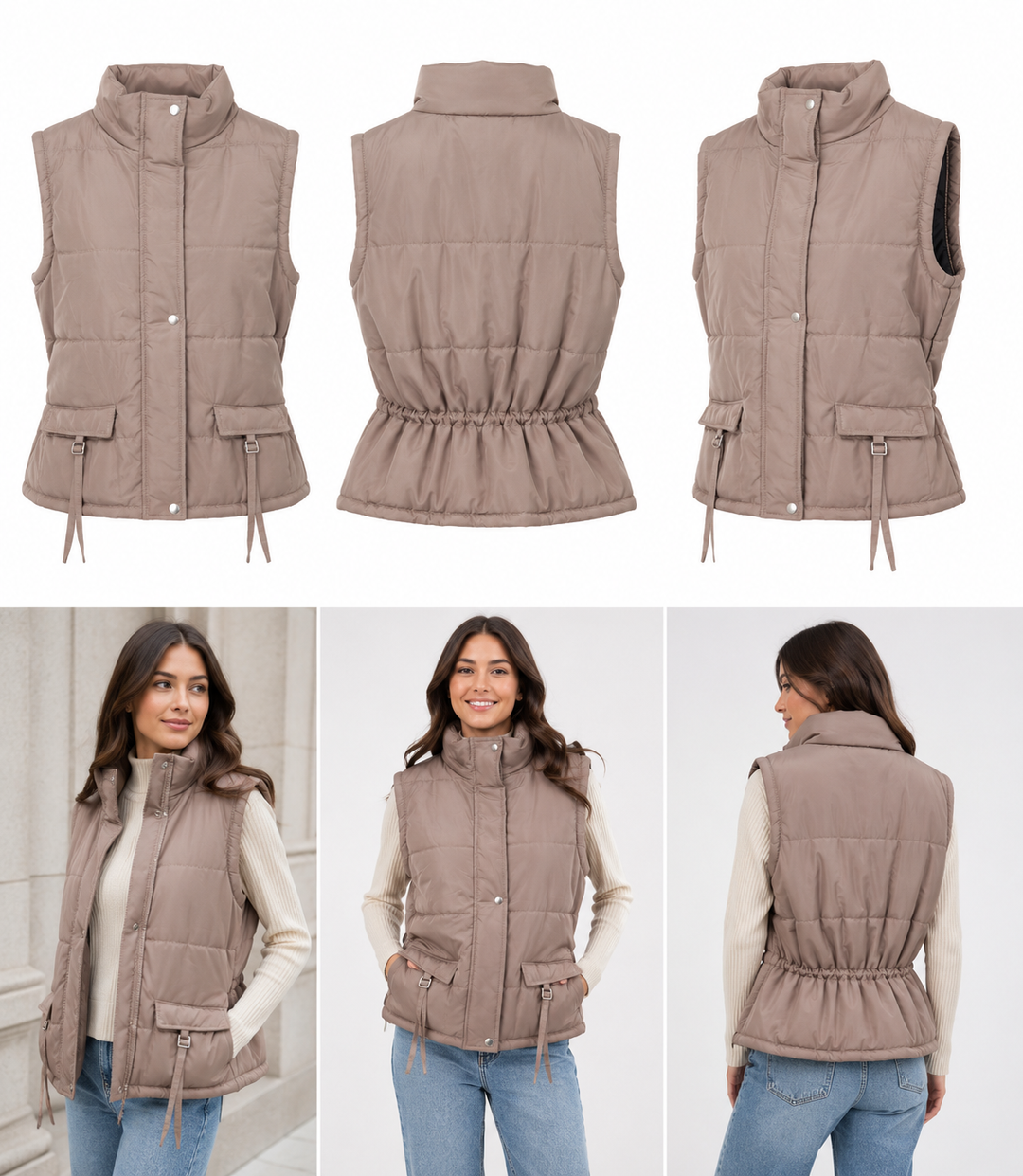 Taupe sleeveless padded gilet with high neck, quilted puffer finish, front popper fastening, buckle pocket detail and fitted waist