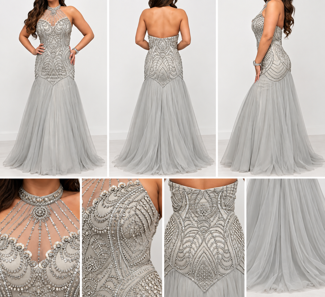 Silver embellished halter neck mermaid evening dress size 10 with open back and layered tulle skirt