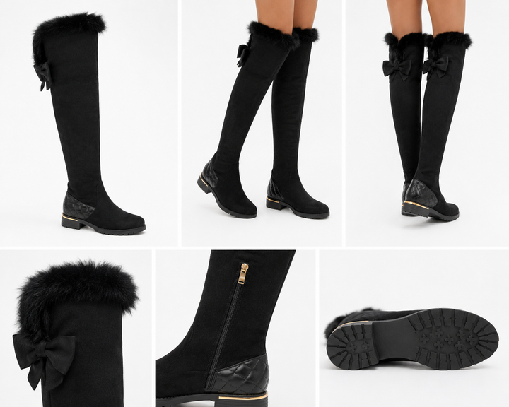 Black over-the-knee boots with faux fur trim and quilted heel detail