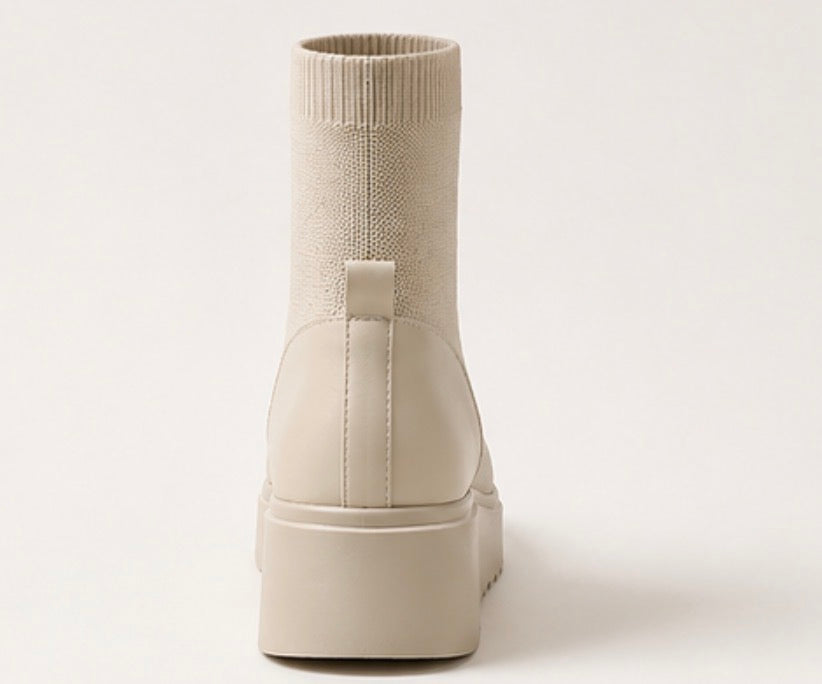 Cream knitted sock ankle boots with chunky platform sole and stretch ribbed cuff detail 