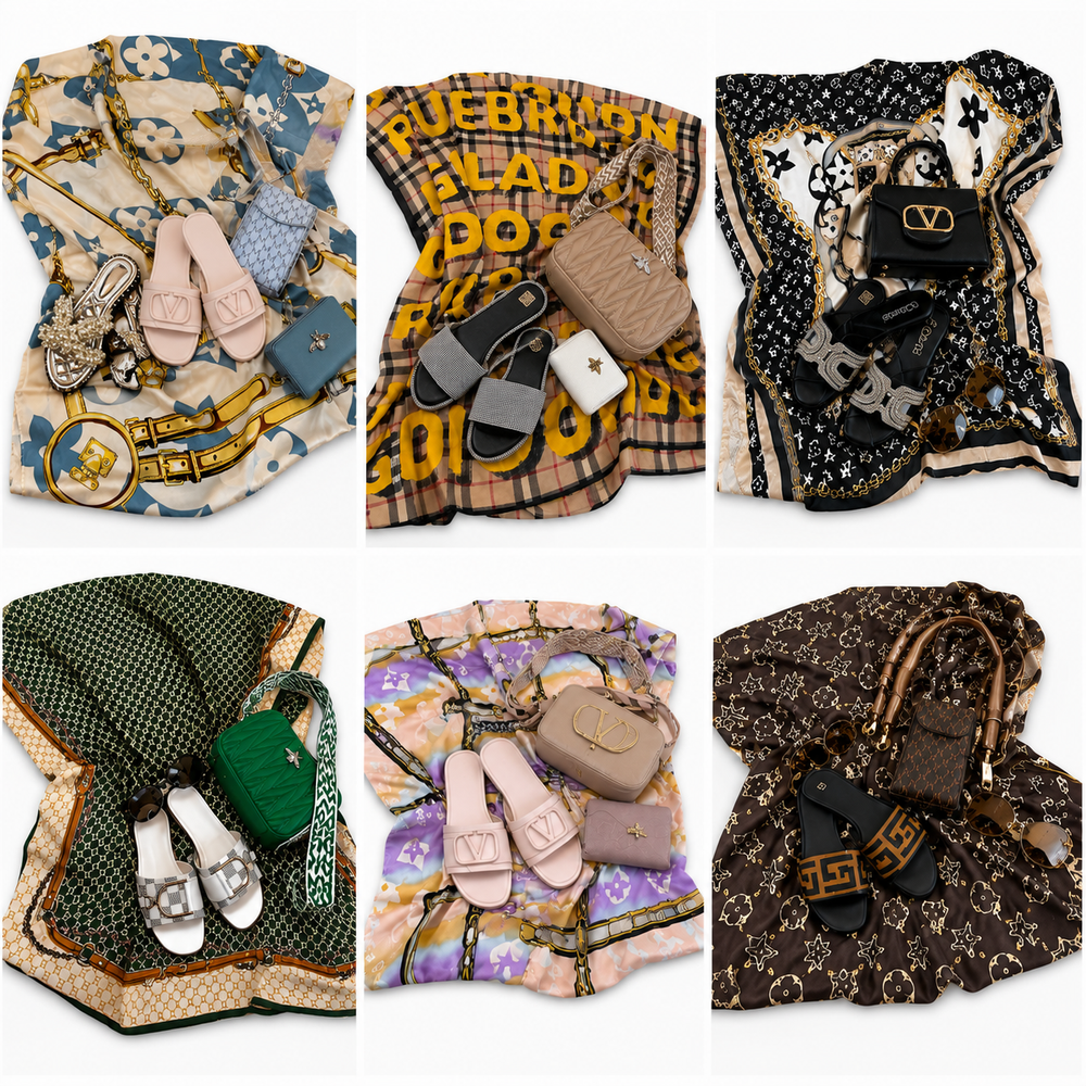 Luxury summer kaftan bundle collection featuring six coordinated outfits with matching handbags, sandals, purses and accessories in stylish prints.