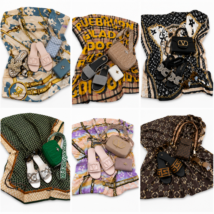 Luxury summer kaftan bundle collection featuring six coordinated outfits with matching handbags, sandals, purses and accessories in stylish prints.