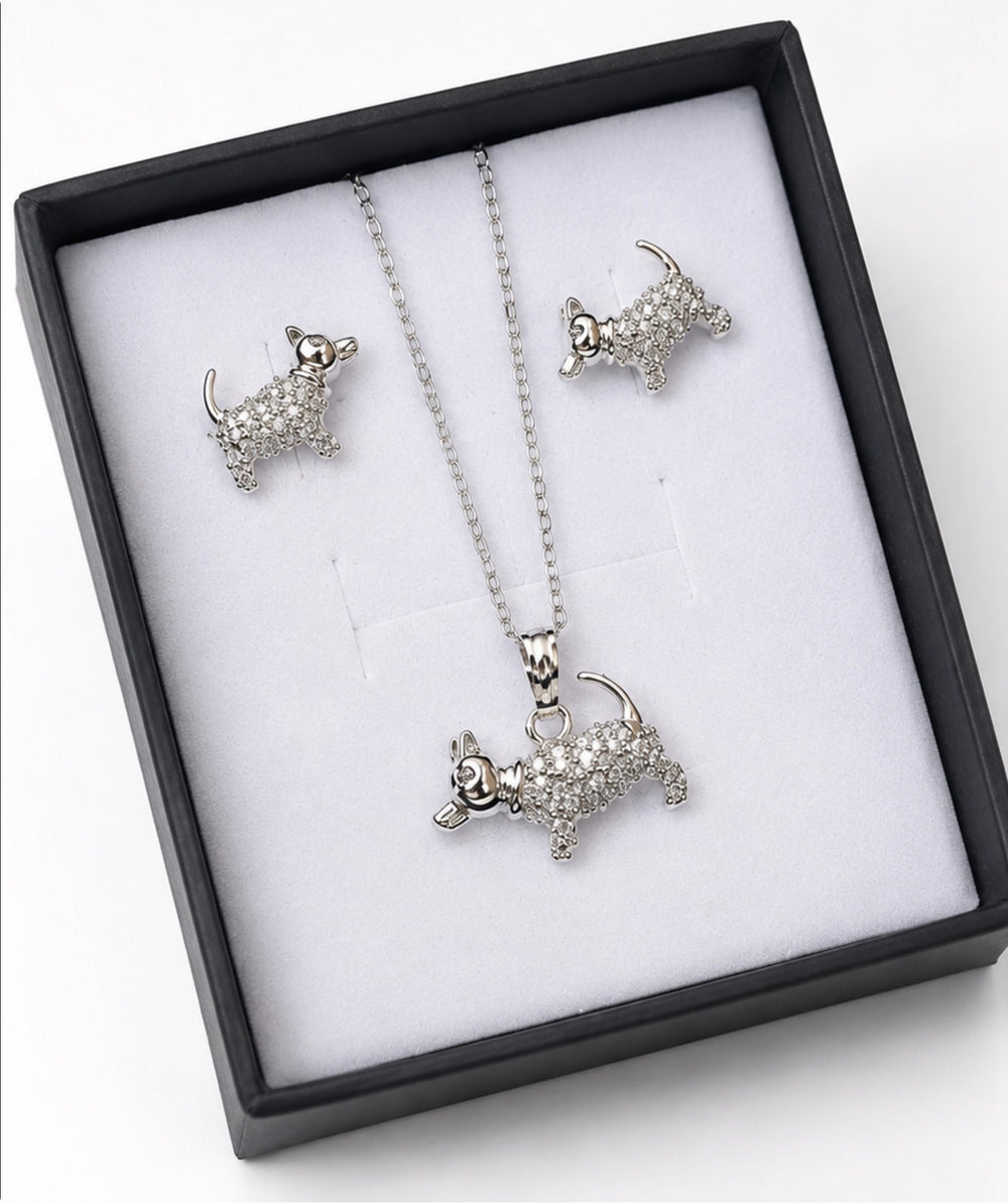 Silver crystal puppy necklace with matching stud earrings