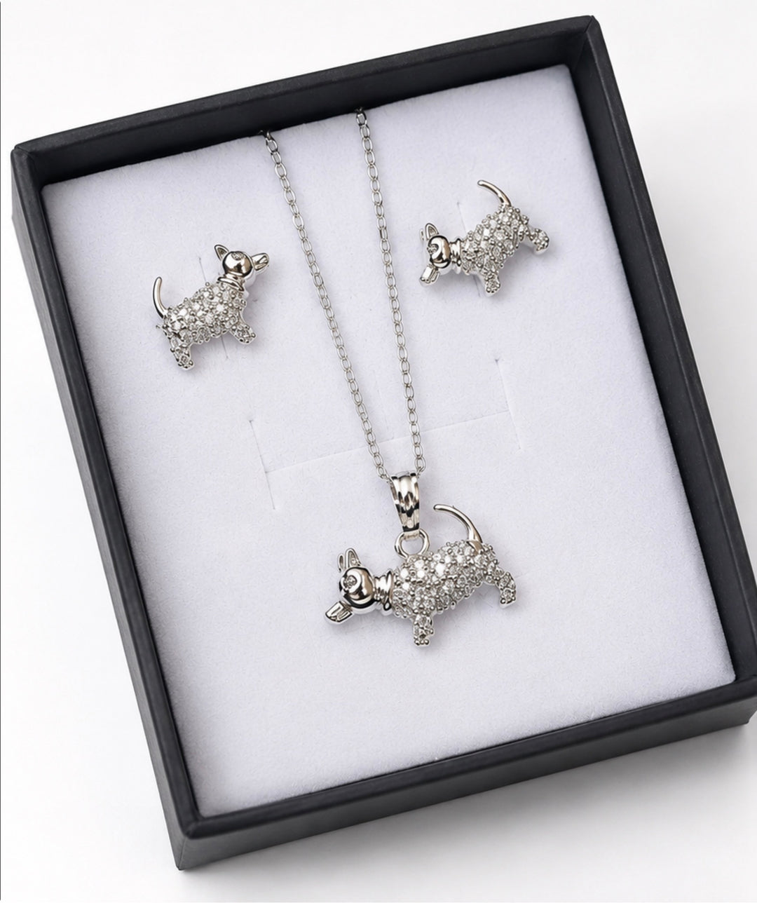 Silver crystal puppy necklace with matching stud earrings