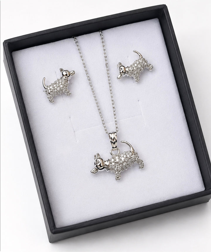 Silver crystal puppy necklace with matching stud earrings