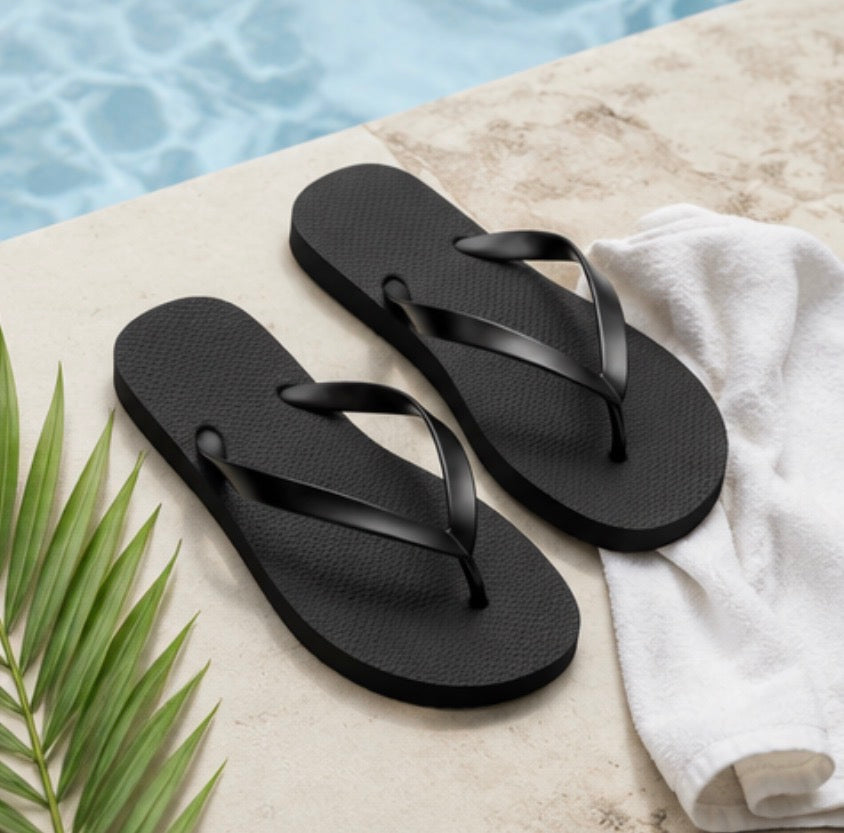 Black flip flops with glossy black straps and textured soles 