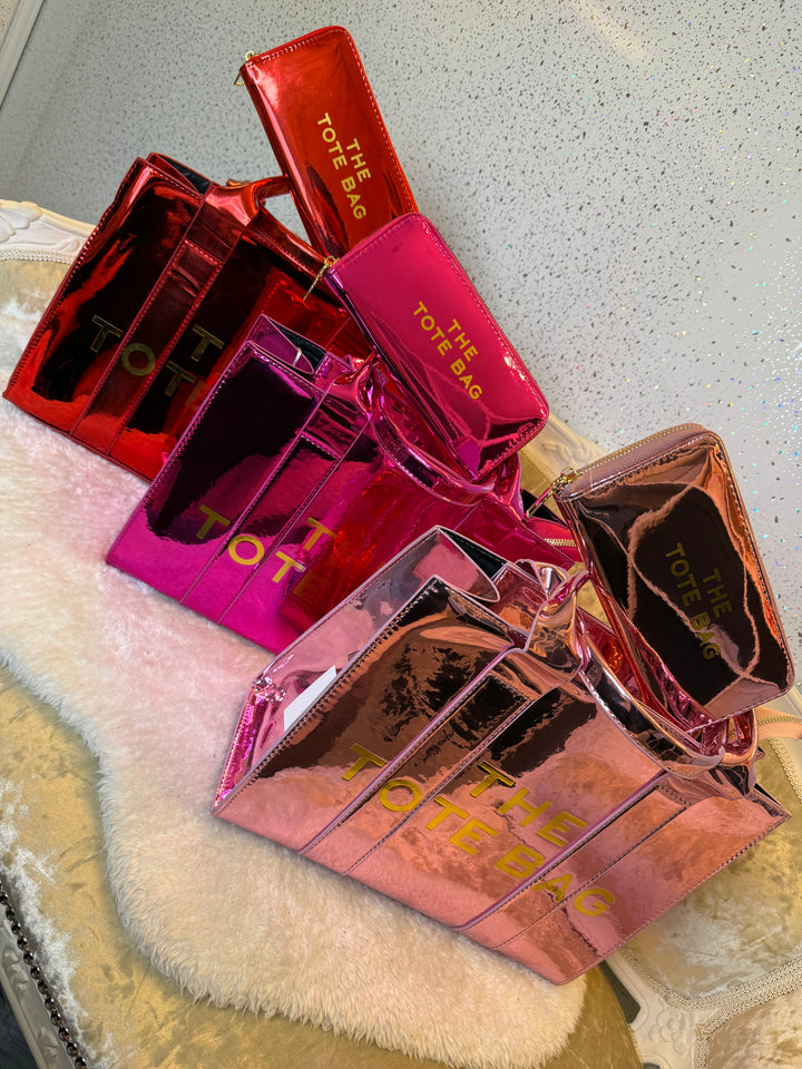 Metallic patent large tote bag and purse set