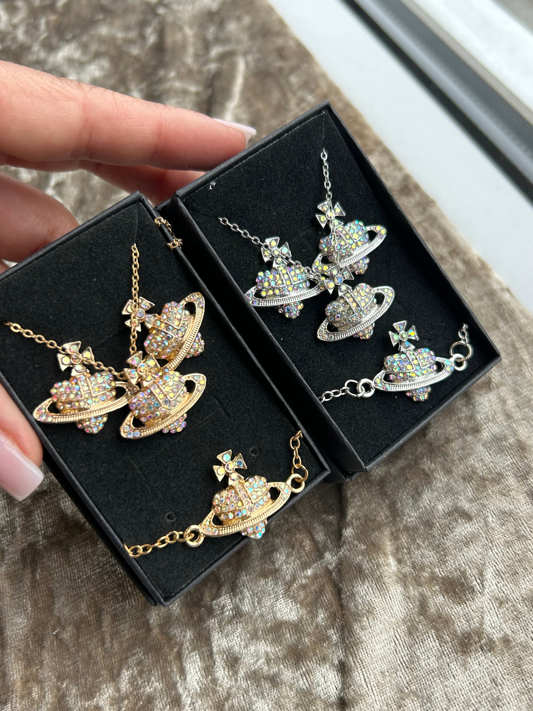 Gold and silver holographic crystal detail jewellery set necklace bracelet and earrings 