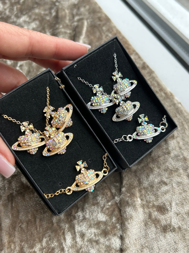 Gold and silver holographic crystal detail jewellery set necklace bracelet and earrings 