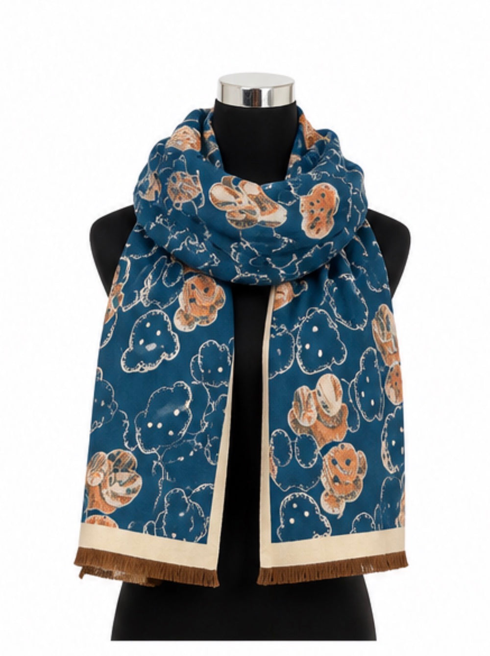 Teddy print oversized fringed scarf available in teal blue with cream trim and purple with pink trim.